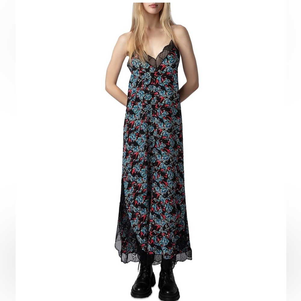 New Zadig & Voltaire Silk Ristyl Lace Trim Slip Black Floral Maxi Dress Sz Small